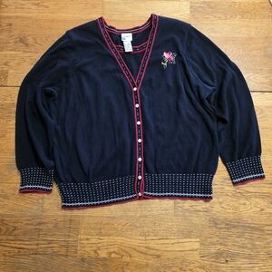 Cozy vintage romantic floral grandmacore embroidered navy blue Koret sweater